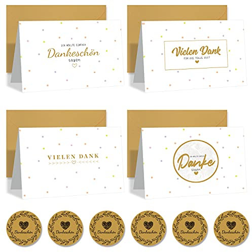GOCOHHI 12 Dankeskarten, bunt, 4 Designs, Grußkarte innen, leere Dankeskarte mit Umschlägen und Aufkleber-Set, KarteDanke für alles.
