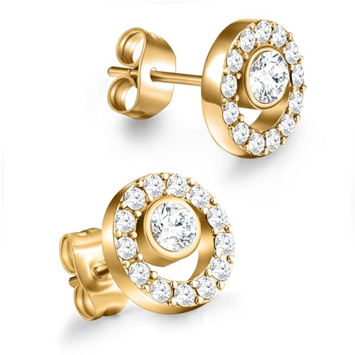 day.berlin Ohrstecker Stone 18k vergoldet | runde Damen Ohrringe 10mm Durchmesser 3mm stark mit Zirkonia Kristallen, 316L Edelstahl nickelfrei & wasserfest