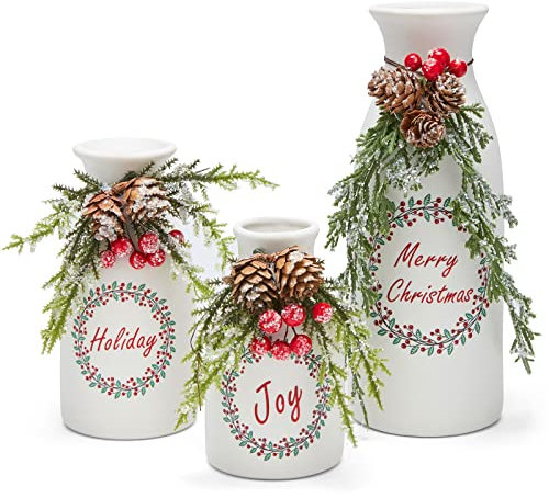 Wortour Artificial Christmas 3-Piece Set Flocked with Mixed Xmas Decorations Ceramic White Bottles