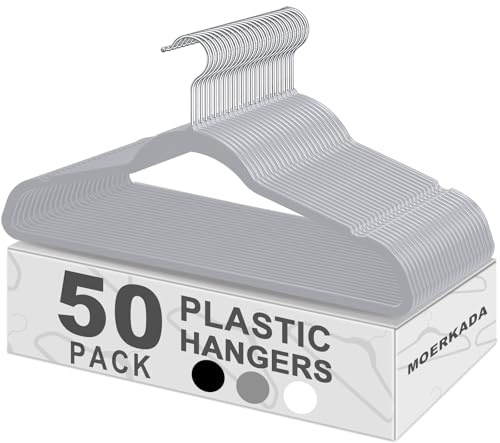 MOERKADA 50 Pack Ultra-Thin Plastic Clothes Hangers (17.7 Inch) - Space-Saving Slim Hangers with Non-Slip Grooves for Wardrobe, Closet & Dorm Organization (Grey)