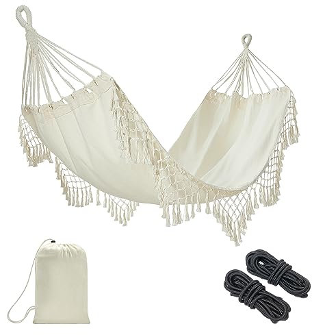 JoyView Boho-Makramee-Hängematte mit hängenden Seilen und eleganten Quasten, 78,8 x 39,4 cm, tragbare Baumwoll-Hängematte für Terrasse, Hinterhof, Veranda, 136 kg Tragkraft, perfekt für drinnen und