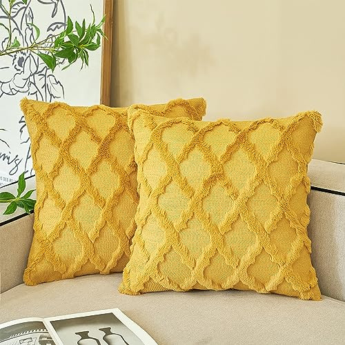 Ci & Ci 2er Set Boho Deko Kissenbezug 40x40 cm, Senfgelb Kissen Sofakissen Dekokissen Zierkissen, Flauschig Kissenbezüge Kissenhülle für Sofa Couch