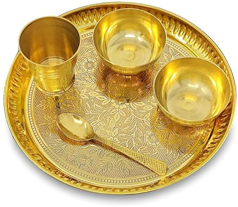 BENGALEN Brass Pooja Bhog Thali Set 8 Inch Puja Thali with Pital Bhog Plate Bowl Glass Spoon Arti Thali for Diwali Home Office Mandir Wedding Return Gift Items