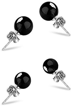 Hmzidz Schwarz Onyx Ohrstecker Set - 2 Paare Kugelohrringe für Damen und Herren, 925 Silber