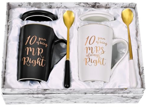 Joymaking 10th Tin Wedding Gifts for Couple Parents Grandparents, 14oz Marble Coffee Cup Gifts 10th Anniversary for Parents Friends, Coffee Mugs Gift for Anniversary Christmas Valentines, White-Black