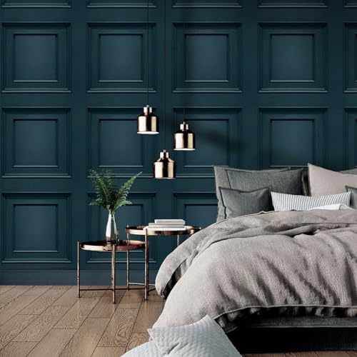 SOPHIE LAURENCE Blue Wood Panel Effect Wallpaper - Smooth Matte Finish 3D Effect Non Woven Wallpaper for Living Room Bedroom Feature Wall