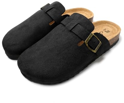 JOMIX Chaussons Sabots Femme en Daim avec Boucle Élégant Pantoufles Sandales à Semelle en Liège Confortable pour Intérieur et Extérieur MD2438 (Noir, 41)