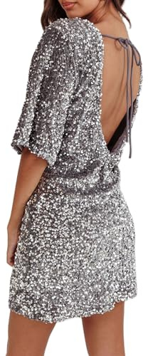 Dubute Robe de femme à paillettes et à sequins - Manches courtes - Dos nu - Col rond - Pour fête, cocktail, sorties - Mini - Dubute, Argenté., M