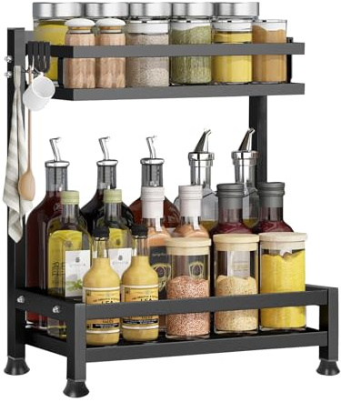 Minicoco 2-Tier Black Spice Rack Organiser with 4 Hooks - Space-Saving Kitchen Shelf for Spices, Utensils & Condiments | Wall-Mounted or Countertop Storage | Durable & Modern Design