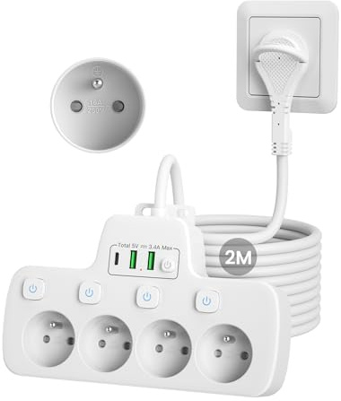 Multiprise Extra Plate,Prise Multiple 4 Prises Française Terre 16A 2P+T | Multiprise Electrique Murale avec Interrupteur Individuel,Chargeur USB Prise Plate Derriere Meuble Rallonge Cable 2M,Blanc