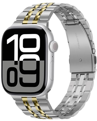 Tasikar Band kompatibelt med Apple Watch Band 42mm(Series 10) 41mm 40mm 38mm, män kvinnor rem massivt rostfritt stål metallarmband kompatibelt med Apple Watch SE Series 10 9 8 7 6 5 4 3, Silver-guld