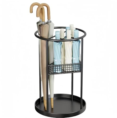 Umbrella stand, square umbrella stand, round umbrella stand made of wicker, metal commercial umbrella stand, stand heavy duty storage with removable drip tray for home office corridor foyer(Black)