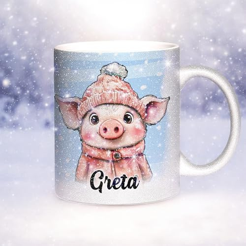 Sunnywall Glitzertasse Personalisiert mit Namen – Weihnachtstasse - Winter-Edition - Wintertasse aus Keramik - Geschenkidee (Schwein, Silber | Glitzer)