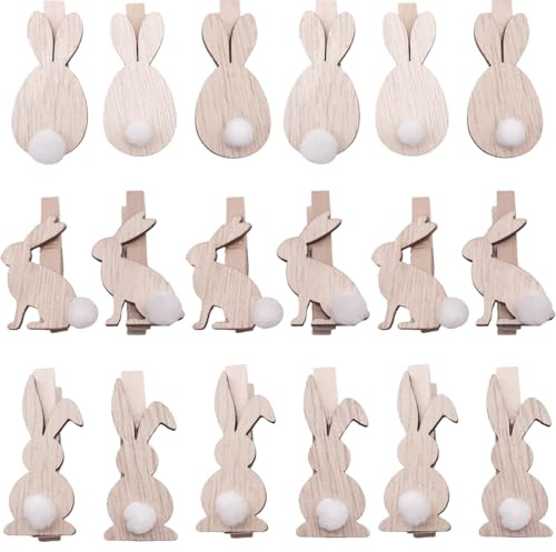 Ostern Holzklammern, OsterdekoHasen-Design Mini Wäscheklammern Set - 18 Stücke Frühlings-Holzklammern für Kreatives DIY, Geschenkanhänger & Festliche Dekoration
