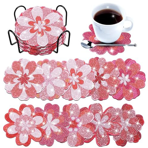Diamond Painting Untersetzer with Halter,10 Pcs 5D DIY-Valentine's Day Flower Coasters mit Rutschfester Korkbasis,Wiederverwendet Diamant Tassenuntersetzer für Erwachsene und Anfänger