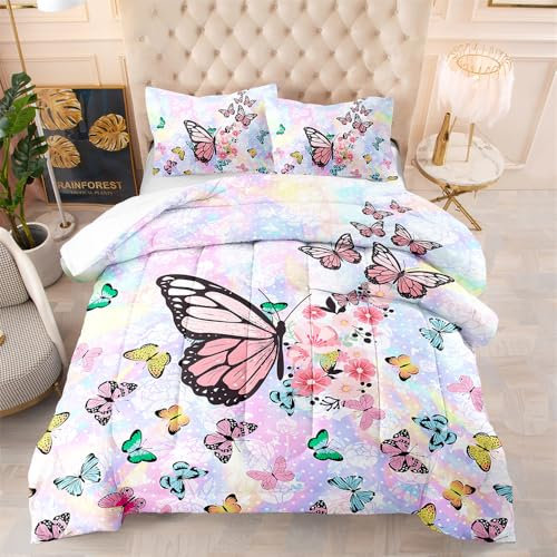 Bettdecke 140X200 Rosa Schmetterling Bettdecken 200Gsm,Dünne Und Leichte Duvet,4 Jahreszeiten Bettdecken,Weiche Mikrofaser Bettdecke Mit 2 Kissenbezüge,Warm Steppbettdecke Für Allergiker
