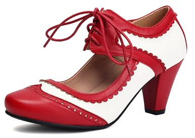 elerhythm dam Mary Jane Lace Up stängd rund tå vintage klackar Gatsby 1950-tals pumps 1920-talet viktorianska 1940-talet retro skor, röd, 41 EU