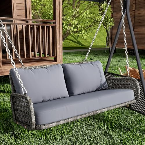 PE-Rattan-Schaukel-Doppelsitz, Hängeschaukel für den Garten im Freien, mit Kissen und 2 Ketten (240 cm/Stück), ohne Rahmen, Kissen sind abnehmbar und waschbar, belastbar 320 kg, grau (Grau)