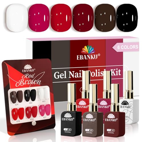 EBANKU 6 Couleurs 15ML Vernis Gel Semi Permanent, Bordeaux Rouge Rose Noir Blanc Marron Gel UV Semi Permanent Soak Off UV/LED Vernis à Ongles Pour Salon De Manucure DIY Home