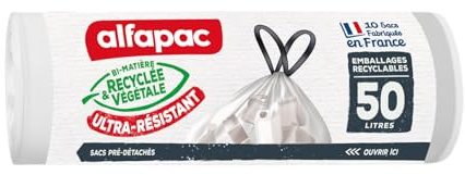 alfapac - 10 sacs-poubelle 50L à lien coulissant - tri des emballages recyclables - transparent - fabriqués en France - bi-matière recyclée & végétale