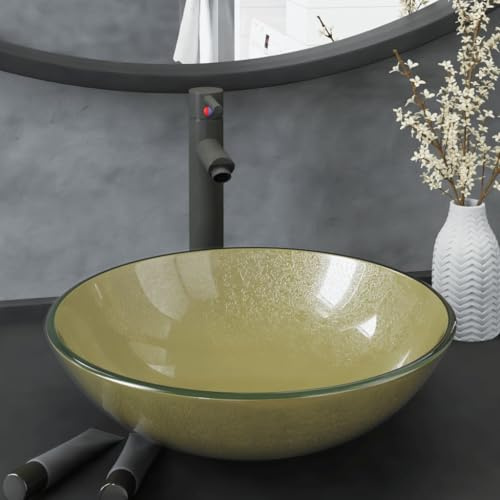 Lavabo de bain avec robinet gris et drain à poussoir, Vasque à poser, Convient pour salle de bain, toilettes, dressing, 42x13 cm Doré Verre trempé