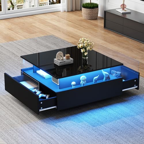 BTM Modernes Hochglanz-LED-Couchtisch Kaffeetisch 70x70x41cm mit 2 Schubladen und transparentem Präsentationsbereich – Belastbar bis 30 kg, ideal für stilvolle Wohnzimmer