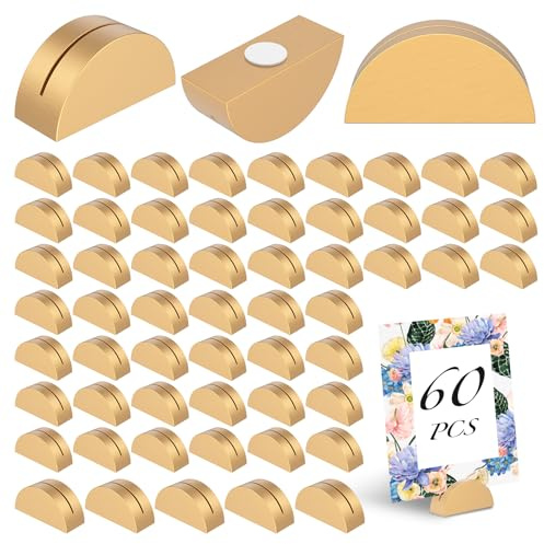 60 Stück Halbkreis Tischkartenhalter Holz, Kartenhalter Holz Goldener Tischnamenhalter Halbrundes Design Tischnummern Ständer Halbkreisförmiges Kartenhalter für Hochzeit Bankett Empfang Geburtstag