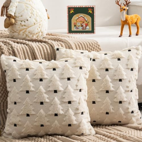 QUVITA Beige Weihnachten Kissenbezug 2er Set 40x40cm, 3D Plüsch Weihnachtsbaum Form, Weicher Samt Kissenhülle, Dekokissen für Sofa Wohnzimmer Schlafzimmer Winterdeko