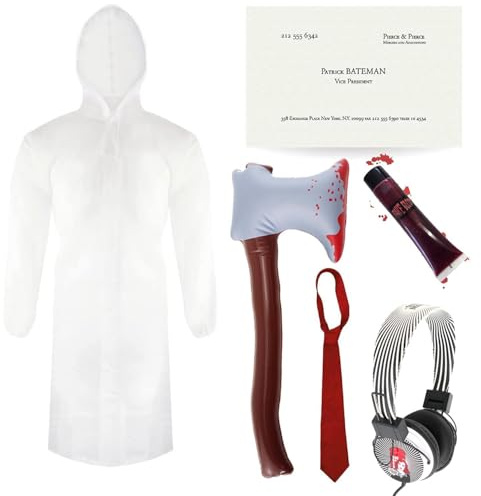 Psycho American-Standard – Transparenter Regenmantel, rote Krawatte, aufblasbare Axt, Kopfhörer, Visitenkarte und Kunstblut – Herren-Psycho-Patrick-Bateman, amerikanischer TV-Film, Halloween-Kostüm