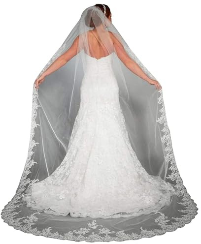 Comebachome Long Wedding Veil with Comb, 118 Inch Soft Tulle Bridal Veil with Lace Trim for Women, Decor