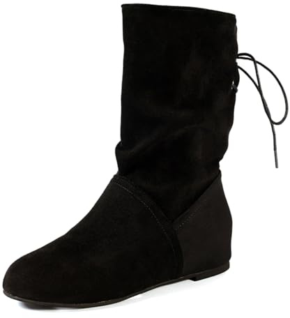 Generisch Botas de equitación Invierno Botas de mujer de color sólido con punta redonda y gamuza plisada con mangas planas y botas de media altura para mujer, Negro , 37 EU