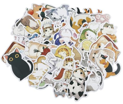 Tabanzhe 50pcs Cute Cartoon Cat Stickers, Kawaii Vinyl Waterproof Self-Adhesive Decals for Scrapbooking Planner Journal Laptop Water Bottle DIY Decoration