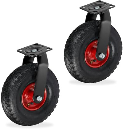 Relaxdays Lenkrolle 2er Set, luftbereift, 3.00-4, Schwerlast-Transportrolle, Platte zum Anschrauben, bis 120kg, Farbwahl