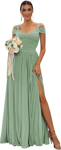 TANPAUL Damen Chiffon Brautjungfernkleider Lang,Schulterfrei Elegante Abendkleider Lang A-Linie Kleider für Hochzeitsgäste