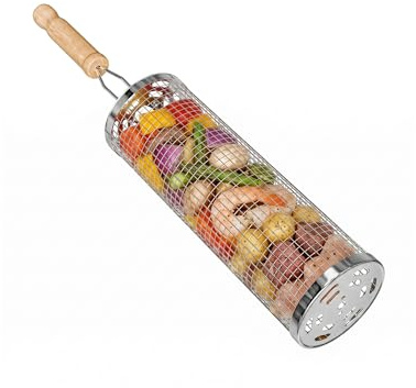 Amig - Panier Rond pour Barbecue - 12 x 30 cm - Poignée en Bois - Grille en Acier Inoxydable - Panier Rotatif pour Barbecues dans le Jardin ou le Camping - Support Stable - Mod. AM28