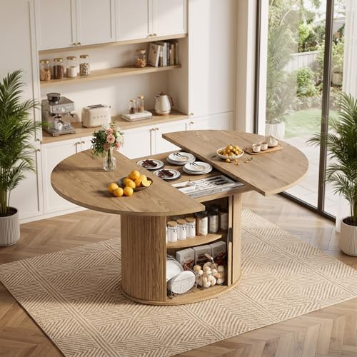 Tavolo da Pranzo Allungabile per4-8 Persone Tavolo Rotondo Allungabile con Portaoggetti Tavolo da Pranzo da Cucina Allungabile con Anta Scorrevole Tavolo perSala da Pranzo Estensibile 110-150x110x75CM