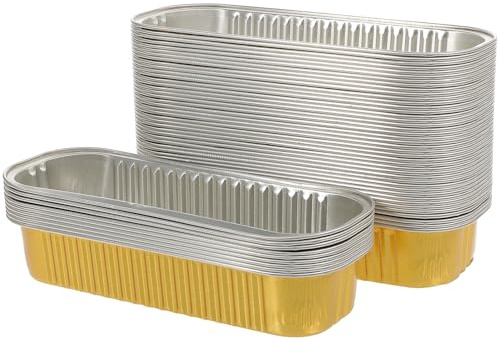 ibasenice 50 Pezzi Teglie Rettangolari in Stagnola Usa e Getta in Alluminio per Barbecue e Picnic Resistenti al Forno e Friggitrice ad Aria Colore Oro
