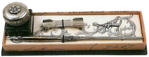 Geschenkset bestehend aus Tintenglas mit Metallverschluß, Federhalter Metall mit Feder, Ersatzfeder und Ablage aus Metall