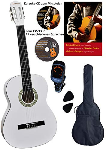 CLIFTON konsertgitarr 4 4, vit, handtag för lönn och bro, filtfilt, Lern DVD, Karaoke CD, Songbook, vadderad väska med bakutrustning, 2 stycken plektrum digital stämutrustning, startsats