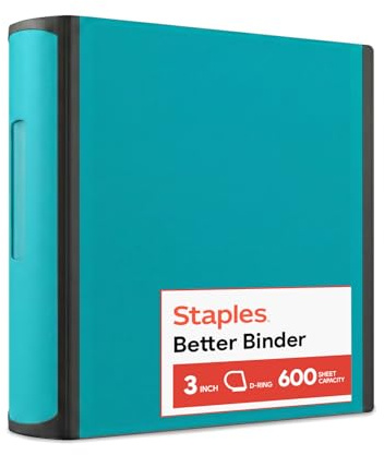 Staples Heavy-Duty 3-Inch D-Ring Binder, Teal – Large Capacity 3-Ring Binder with Pockets, Holds Up to 600 Sheets