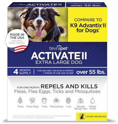 TevraPet Activate II Flea and Tick Prevention for Dogs, Extra Large Dogs 55+ lbs, Topical Drops, 4 Month Flea and Tick Treatment