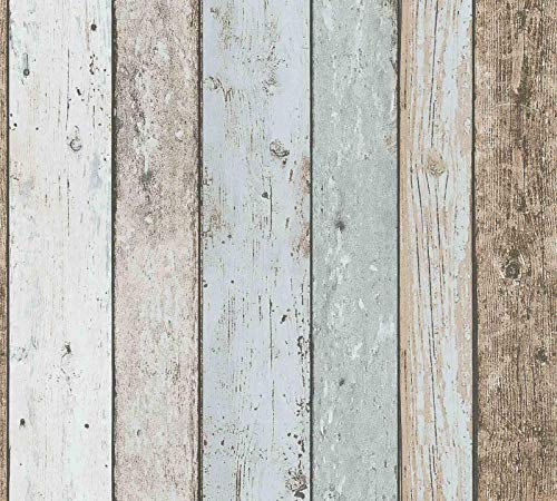 3D Effect Wood Panel Plank Wallpaper Distressed Cream Blue Brown Y�L