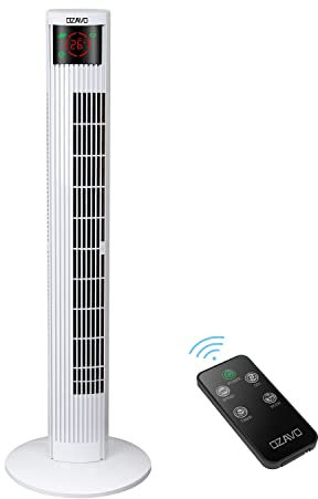 OZAVO Turmventilator mit Fernbedienung | Touchscreen | 3 Stufen | 3 Modi | 12h Timer | 70° Oszilierend Tower Fan | Säulenventilator | Luftkühler | Standventilator | 45W | 95.5cm | Weiß