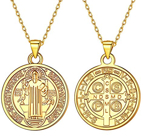 Silvora Medalla Oro San Benito Cruz Collar Religioso Hombre Mujer Plata de Primera Ley 925 Colgante Abad Bendecida Amuleto Pareja Novio Joyería Cristiana Católica