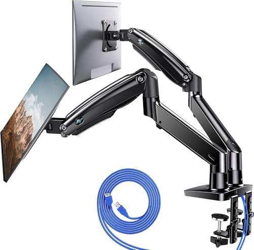 HUANUO Dual Monitor monteringsstativ - lång dubbel arm gasfjäderskärm skrivbordsfäste för 2 skärmar 22 till 32 tum justerbar VESA-konsol med klämma, gummi bas - Varje arm rymmer upp till 12 kg