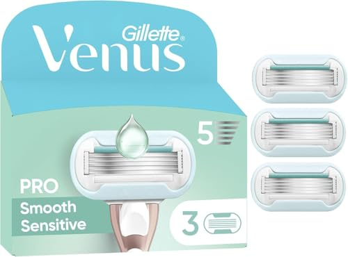 Gillette Venus Lames de Rasoir Femme, 3 Rechanges Pro Smooth Sensitive – Cartouche avec une Bande Lubrifiante, Technologie SkinElixir Conçue pour la Peau Sensible, 1 Recharge Jusqu’à 30 Jours