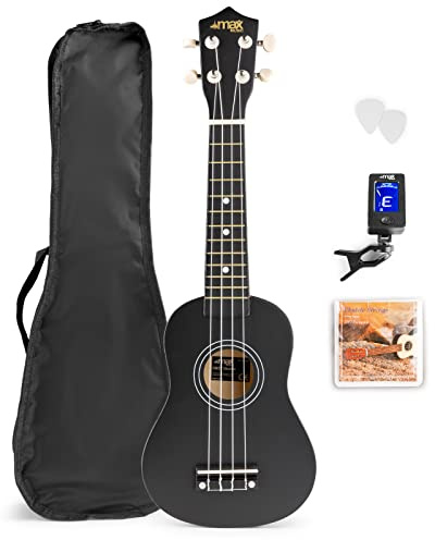 MAX UKEY Ukulele Komplett Set inkl. Plektren, digitalem Stimmgerät und Tasche, 21 mini Gitarre, Ukulele Erwachsene mit Zubehör für Anfänger, Soprano, 4 Nylon Saiten, 12 Bünde - Schwarz