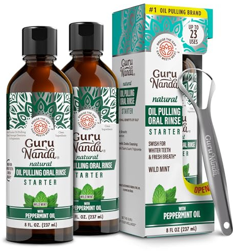 GuruNanda Starter Pulling Oil Mouthwash for Natural Teeth Whitening, Coconut and Peppermint Oil for Fresh Breath & Happy Gums, with Tongue Scraper, Alcohol-Free, 2X8 Oz