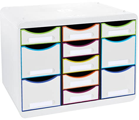 Exacompta 313913D Ablagebox Harlekin aus Recycling-Kunststoff mit 11 individuell platzierbaren Schubladen. Schubladenbox im Querformat für mehr Ordnung. Store Box Multi Blauer Engel weiß|bunt