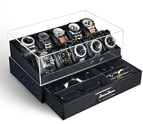 KAMIER Boîte à montres pour homme avec 10 compartiments, en bois véritable, à 2 niveaux, avec coussin amovible et tiroir, cadeau pour père et ami, fibre de carbone